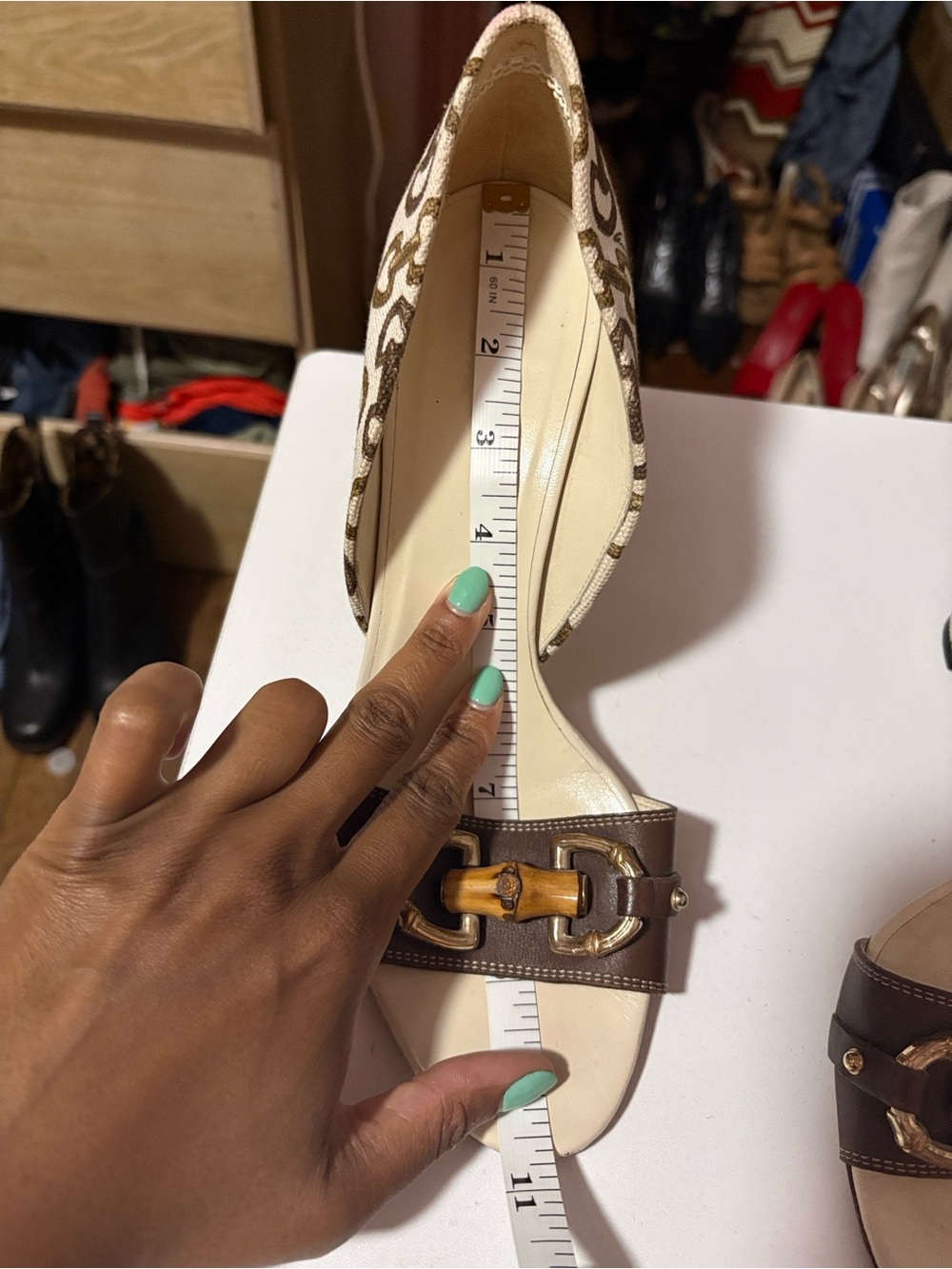 Gucci Beige Canvas and Brown Leather Bamboo-Accent Heels - Picture 7 of 11